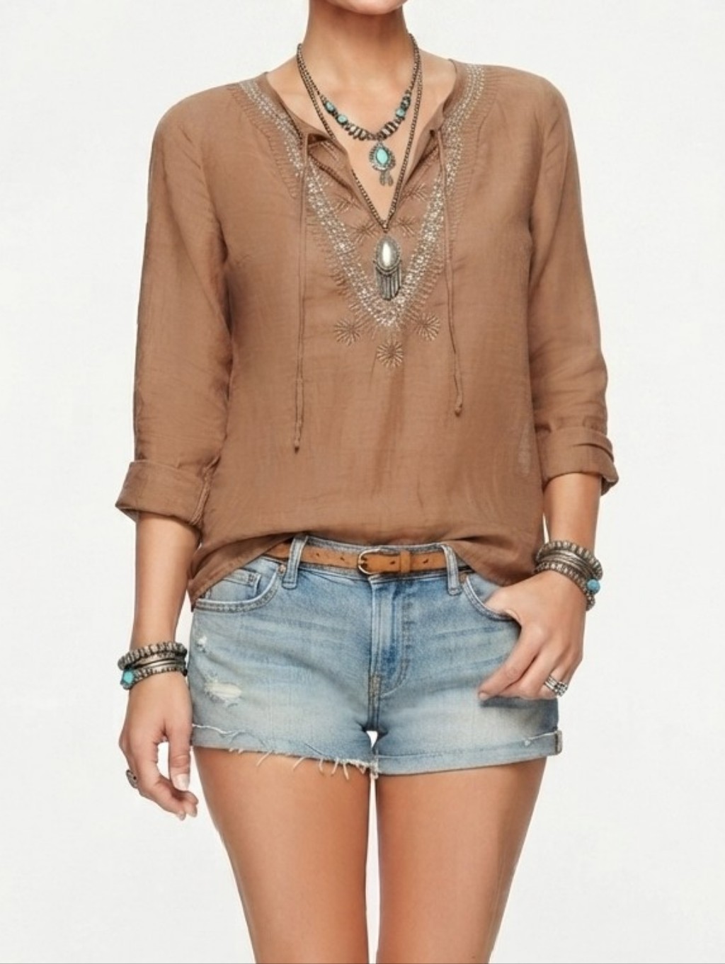 Express Brown Embroidered Silk Cotton Blend Boho Tunic Blouse Medium